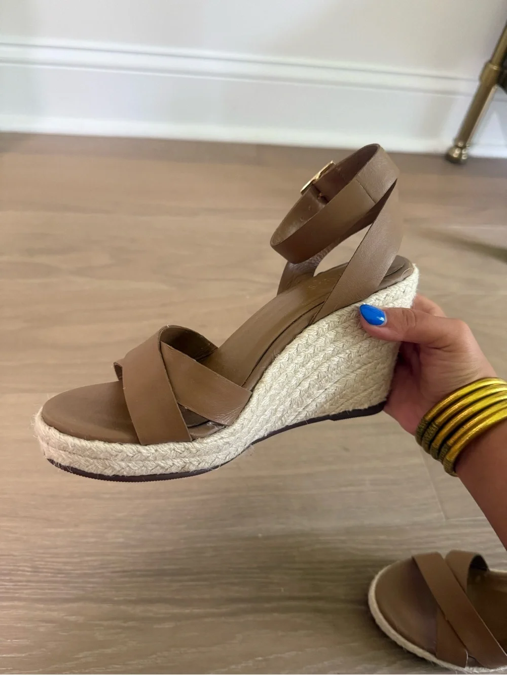 Kaanas Tan Leather Espadrille Ankle-Strap Wedge Sandals